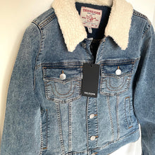 Load image into Gallery viewer, True Religion Sherpa Collar Trucker Denim Jacket Womens Large Blue Stretch