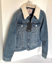 Load image into Gallery viewer, True Religion Sherpa Collar Trucker Denim Jacket Womens Large Blue Stretch
