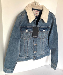 True Religion Sherpa Collar Trucker Denim Jacket Womens Large Blue Stretch