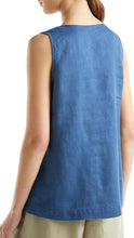 Load image into Gallery viewer, A woman shown from the back wearing a sleeveless blue top and light beige pants against a plain white background.