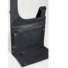 Load image into Gallery viewer, Black crossbody bag with open front pocket on a white background