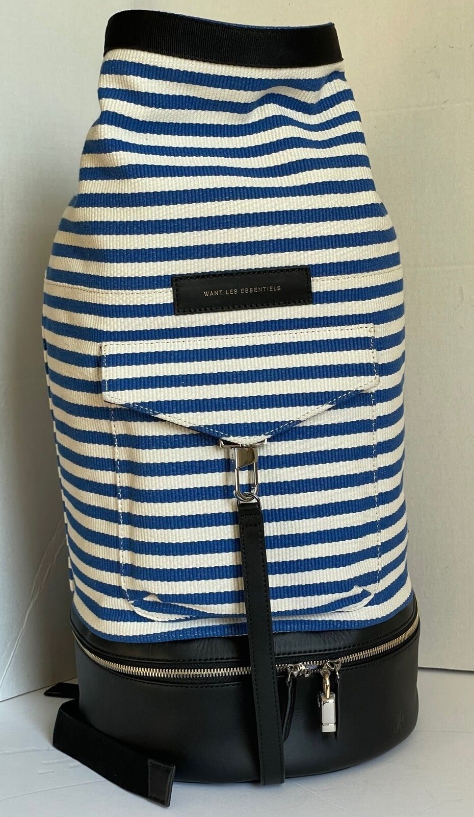 Want Les Essentiels Backpack Extra Large Blue Duffel Top Load EPPS Stripe Canvas Leather