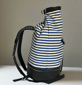 Want Les Essentiels Duffel Backpack XL Blue Roll Top Canvas Leather Stripe Travel