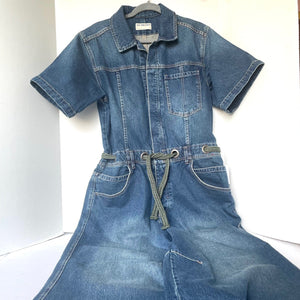 We The Free Edison Wide Leg Coverall Womens Large Blue Denim Short Sleeve