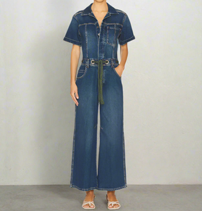 We The Free Edison Wide Leg Coverall Womens Large Blue Denim Short Sleeve