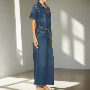 We The Free Edison Wide Leg Coverall Womens Large Blue Denim Short Sleeve