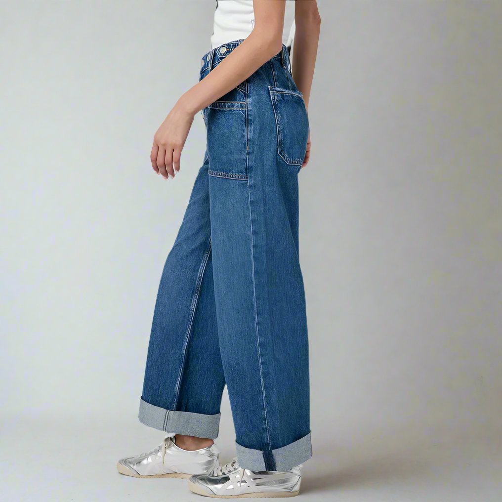 We The Free Palmer Cuffed Jeans Womens 28 Blue Wide Leg Baggy Relaxed