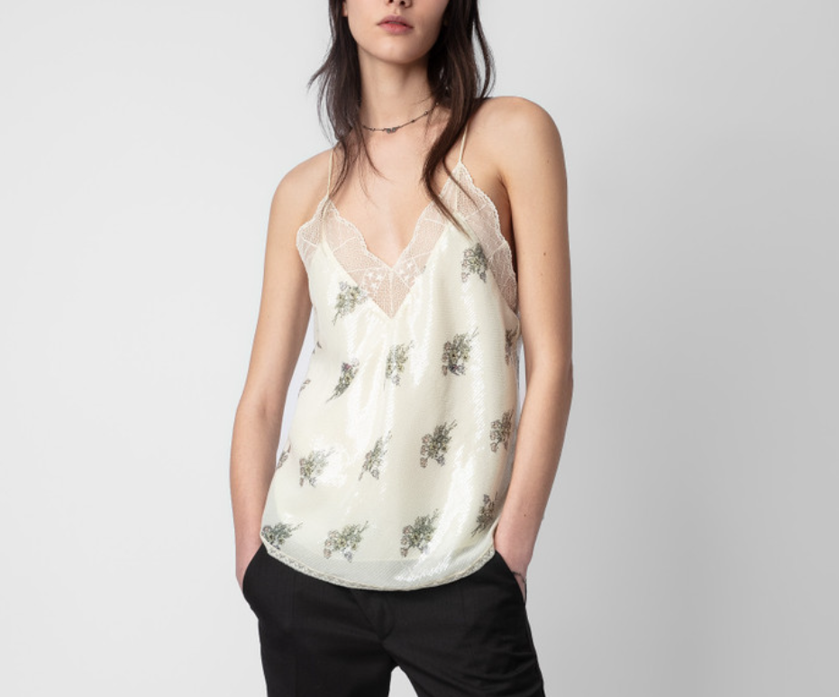 Zadig Voltaire Christy Floral Sequined Camisole Cream Lace Lingerie Tank Top