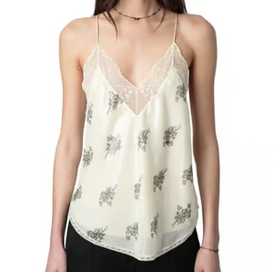 Zadig Voltaire Christy Floral Sequined Camisole Cream Lace Lingerie Tank Top