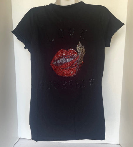 Zadig Voltaire Love Yourself T Shirt Womens Black Red Lips Strass Short Sleeve