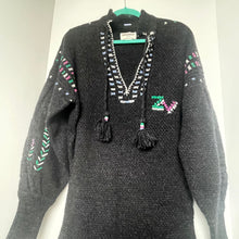 Load image into Gallery viewer, Gray sweater with colorful embroidery on a white background