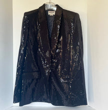 Load image into Gallery viewer, Black sequin jacket on a hanger against a white background