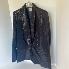 Load image into Gallery viewer, Black sequin blazer on a hanger against a white background
