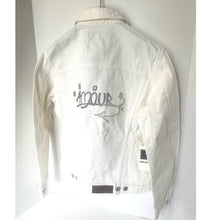 Load image into Gallery viewer, White jacket with text design on a white background