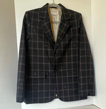 Load image into Gallery viewer, Plaid blazer on a hanger against a white wall
