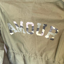 Load image into Gallery viewer, Green jacket with 'AMOUR' text in metallic letters