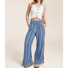 Load image into Gallery viewer, Free People Day's End Pants L Striped Wide Leg Blue Cotton Pull On Elastic