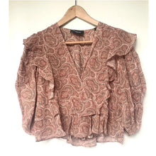 Load image into Gallery viewer, The Kooples Silk Crop Top Womens Pink Paisley V-Neck Ruffle Blouse XL