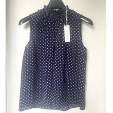 Load image into Gallery viewer, Rebecca Taylor Silk Sleeveless Blouse 4 Navy Blue Polka Dot High Neck Top