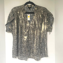 Load image into Gallery viewer, Anthropologie Gold Metallic Floral V-Neck Short Sleeve Blouse – Women's Medium