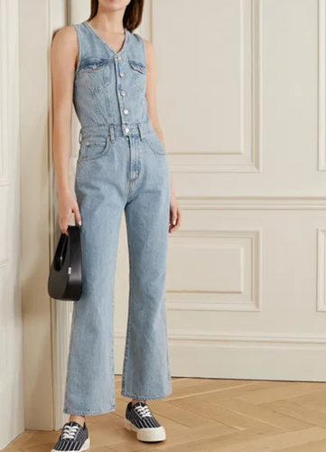 Agolde Flared Leg 70s Jumpsuit Womens 10 Blue Sleeveless V-Neck Denim Overalls