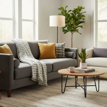 Load image into Gallery viewer, Living room with gray sofa, wooden coffee table, and decorative items.