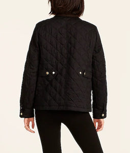 J Crew Jacket Womens Large Black Quilted Corduroy Trim ZipSnap Field Barn Ladies