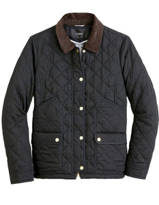 J Crew Jacket Womens Large Black Quilted Corduroy Trim Zip/Snap Field Barn Ladies
