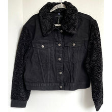 Load image into Gallery viewer, 7 For All Mankind Denim Jacket Womens L Black Faux Shearling Fur Cropped Coat