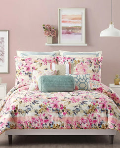 Jessica Simpson Queen Full Duvet Cover Set Floral Pink Cotton Bellisima 3-Piece