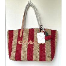 Load image into Gallery viewer, Coach City Tote CER30 Large Red Tan Striped Straw Carryall Bag