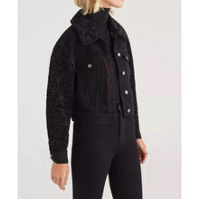 Load image into Gallery viewer, 7 For All Mankind Denim Jacket Womens L Black Faux Shearling Fur Cropped Coat