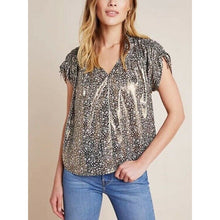 Load image into Gallery viewer, Anthropologie Gold Metallic Floral V-Neck Short Sleeve Blouse – Women's Medium