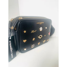 Load image into Gallery viewer, Karl Lagerfeld Maybelle Crossbody Bag Black Faux Leather Gold Glitter Pins