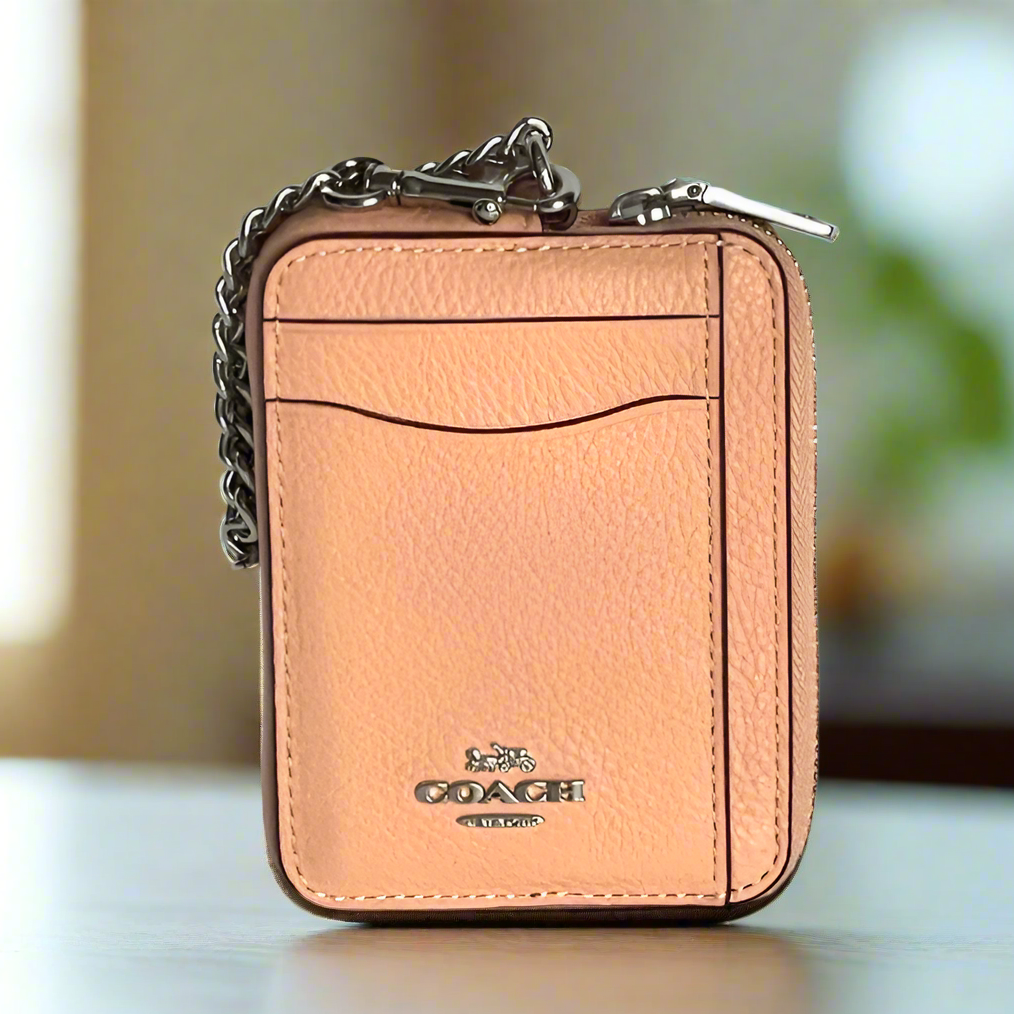 Coach Zip Card Case ID Wallet 6303 Pebbled Leather Chain Strap