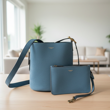Load image into Gallery viewer, Blue suede handbag with matching pouch on a white background