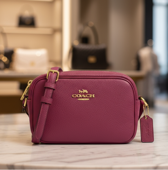 Purple Coach handbag on a marble table with a blurred store interior in the background
