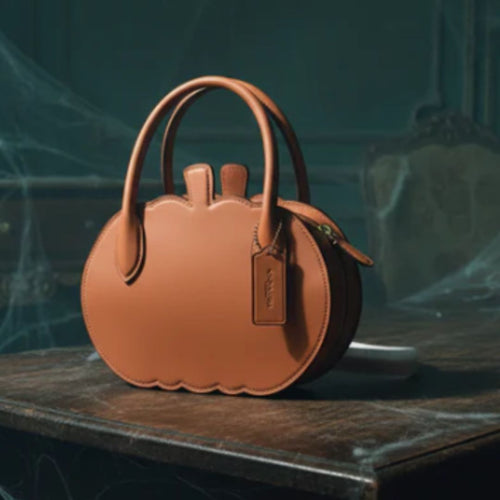 Brown handbag on a wooden surface with a blurred background