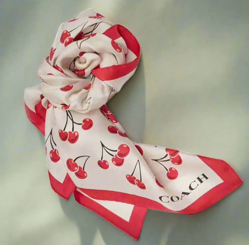 Coach Cherry Swirl Print Silk Square Scarf CZ533 White Large Neck Head 35x35