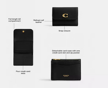 Load image into Gallery viewer, Black wallet with Coach logo, featuring labeled compartments on a white background