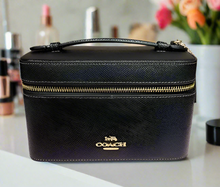 Load image into Gallery viewer, Coach Cosmetic Makeup Case CW727 Black Leather Large Travel Zip ORIGPKG