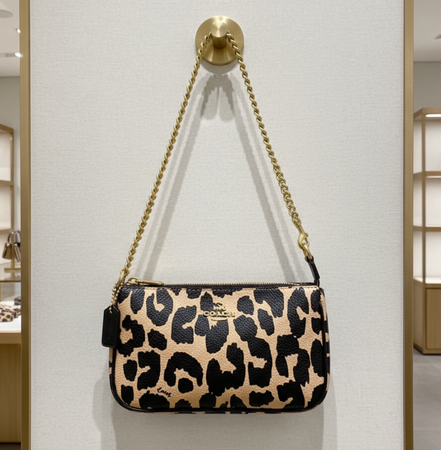 Leopard print handbag with gold chain strap on a white background