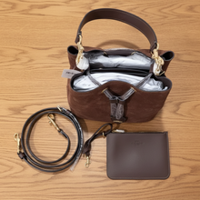 Load image into Gallery viewer, Brown leather handbag with a smaller matching pouch on a white background