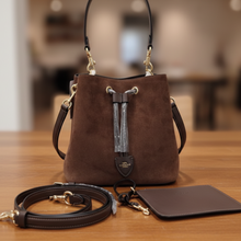 Load image into Gallery viewer, Brown suede handbag with matching wallet on a white surface