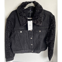 Load image into Gallery viewer, 7 For All Mankind Denim Jacket Womens L Black Faux Shearling Fur Cropped Coat