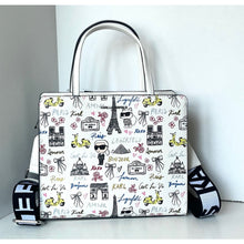 Load image into Gallery viewer, Karl Lagerfeld Maybelle Satchel Ikons Paris Print White Faux Leather Bag