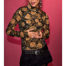 Load image into Gallery viewer, Free People Lyric Sheer Floral Lace Turtleneck Top – Black &amp; Yellow, Women's Mediume