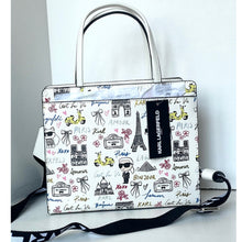 Load image into Gallery viewer, Karl Lagerfeld Maybelle Satchel Ikons Paris Print White Faux Leather Bag