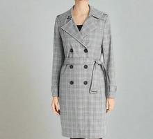 Load image into Gallery viewer, Elie Tahari Double Breasted Trench Coat Womens XL Gray Plaid Belted Jacket