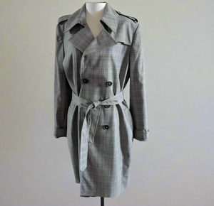 Elie Tahari Double Breasted Trench Coat Womens XL Gray Plaid Belted Jacket